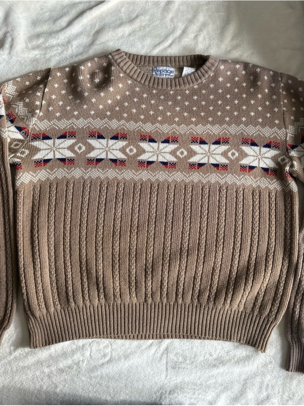 Cozy Beige Fair Isle Sweater with Geometric Yoke